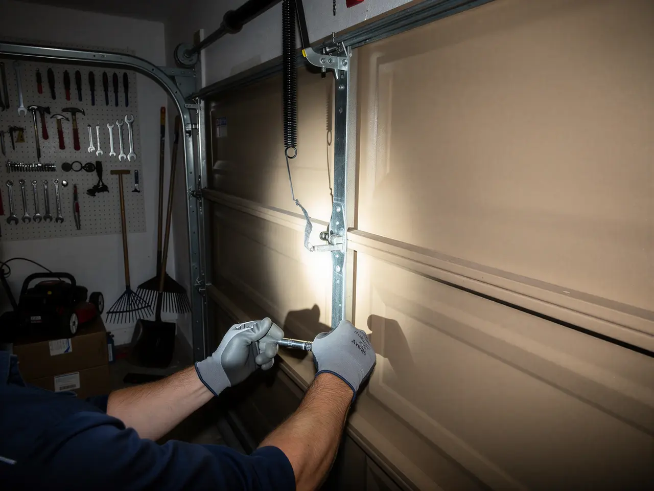 A technician in gloves repairs a beige garage door with a tool.