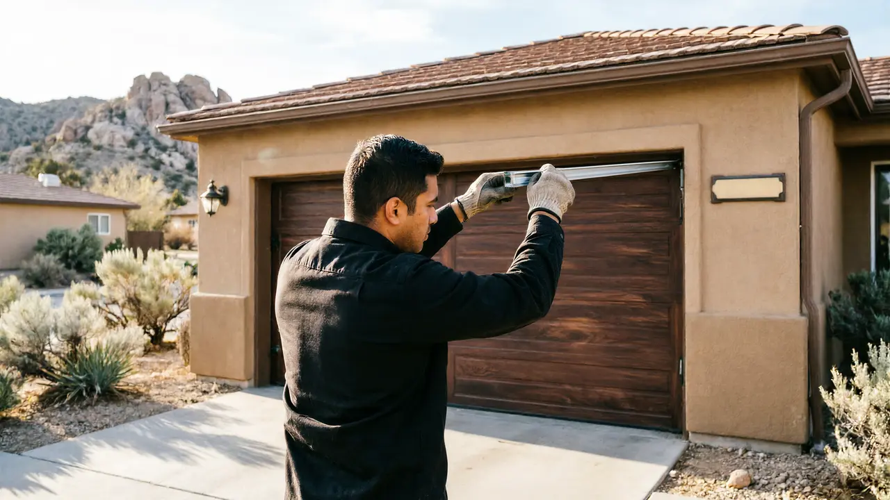 Installer kneeling to set the vertical track for a white garage door in a stucco home