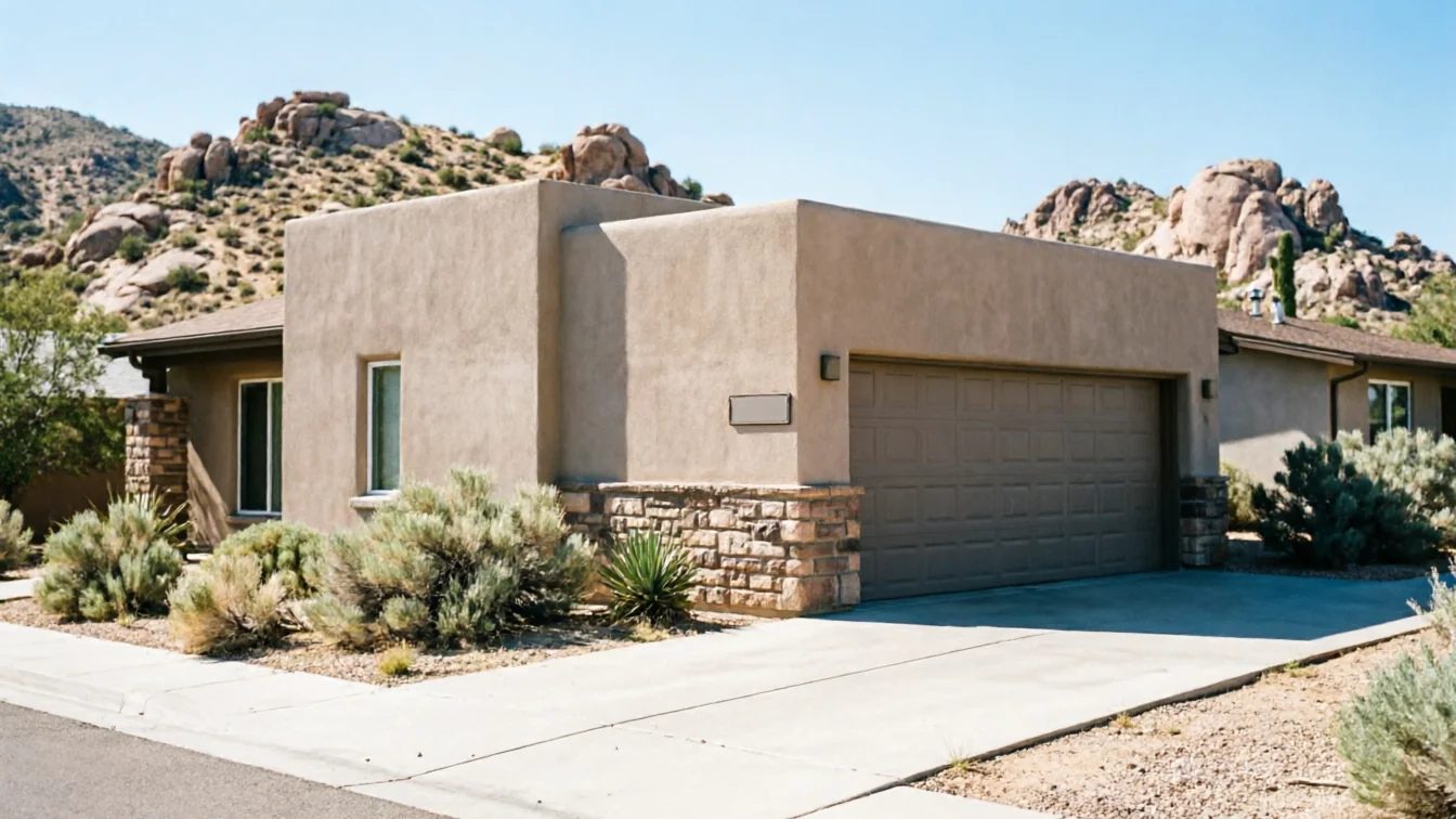 A tan stucco house with a brown garage door and stone accents.
