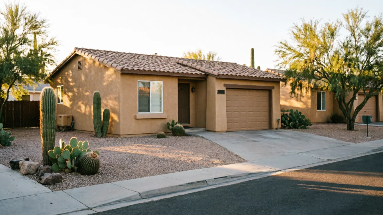 A tan house with a brown garage door and desert landscaping.