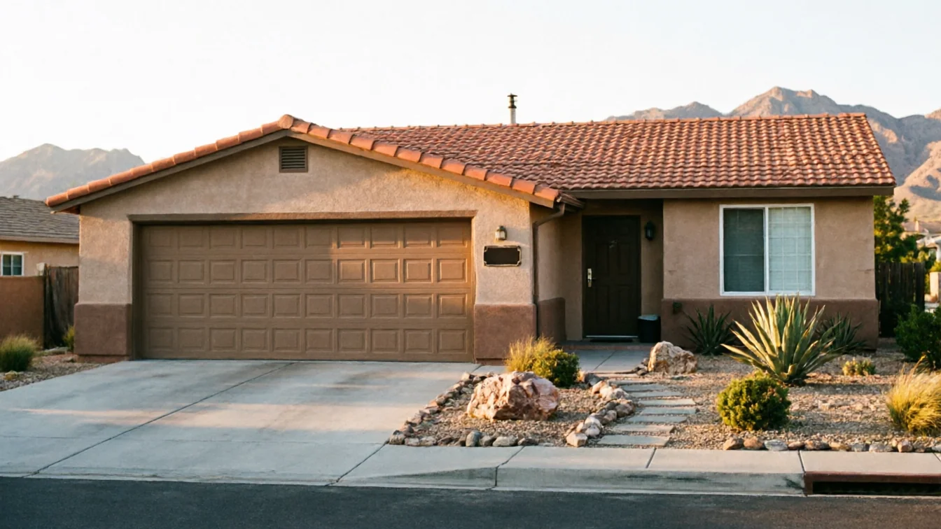 A tan house with a brown garage door and a red tile roof sits in front of mountains.
