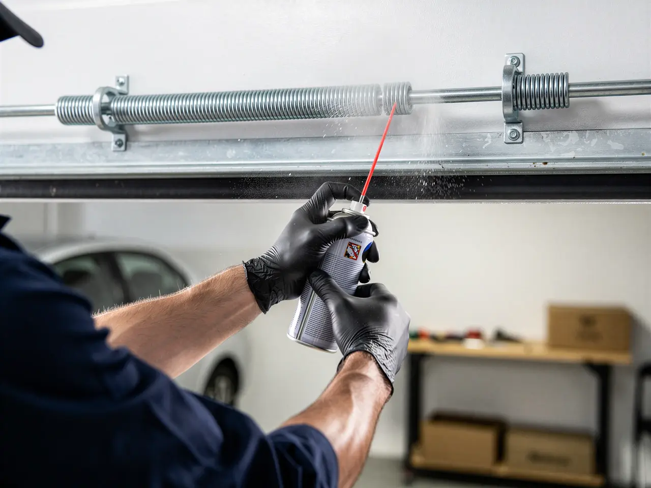A technician lubricates a garage door torsion spring with spray from a can.
