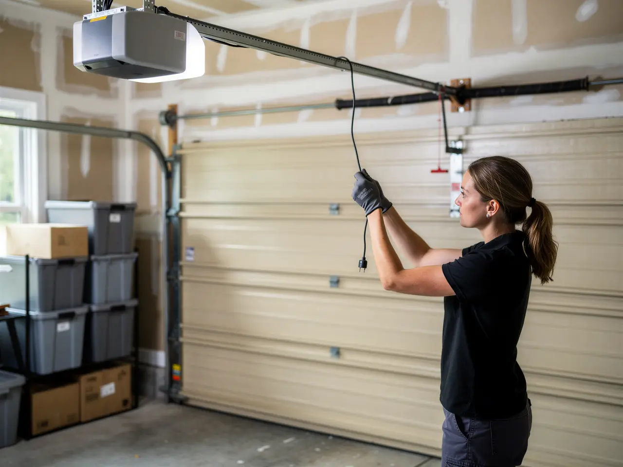 A technician holds a power cord near a garage door opener and a beige garage door.