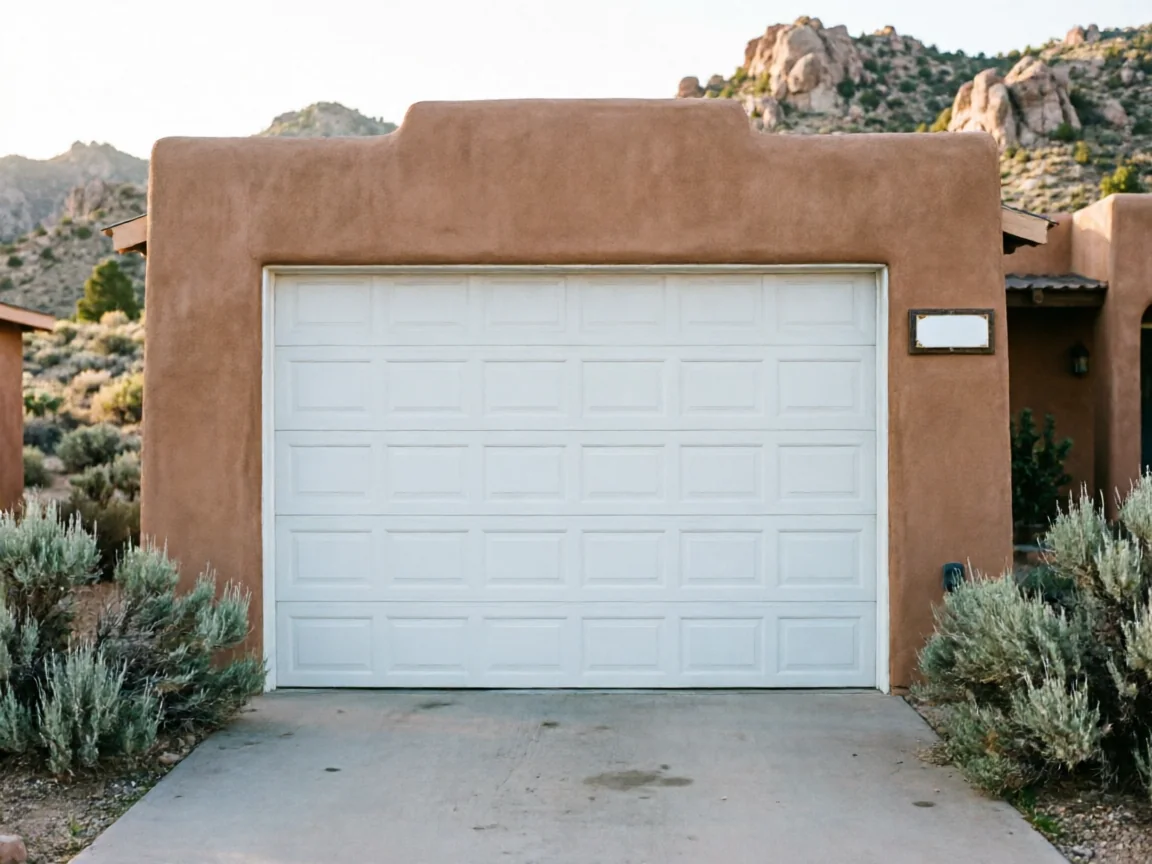 A white panel garage door on a stucco house with desert landscaping.