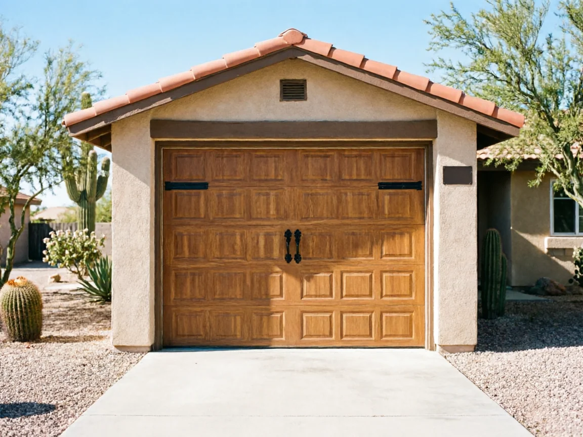 A brown paneled garage door with decorative hardware is on a stucco garage.